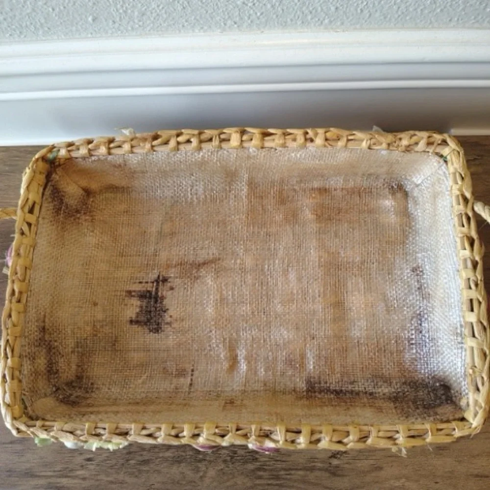 Vtg Woven Raffia Straw Casserole Basket Faux Fruit Vegetables Mushrooms